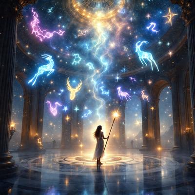 The primary subject of the image is a woman standing in a room with a celestial theme. She is holding a wand, and the room is filled with stars and other celestial elements. The setting appears to be a palace or a similar grand location. The visual style of the image is digital art, which adds to the overall atmosphere of the scene. The dominant colors in the image are purple, blue, and white, creating a serene and magical mood.